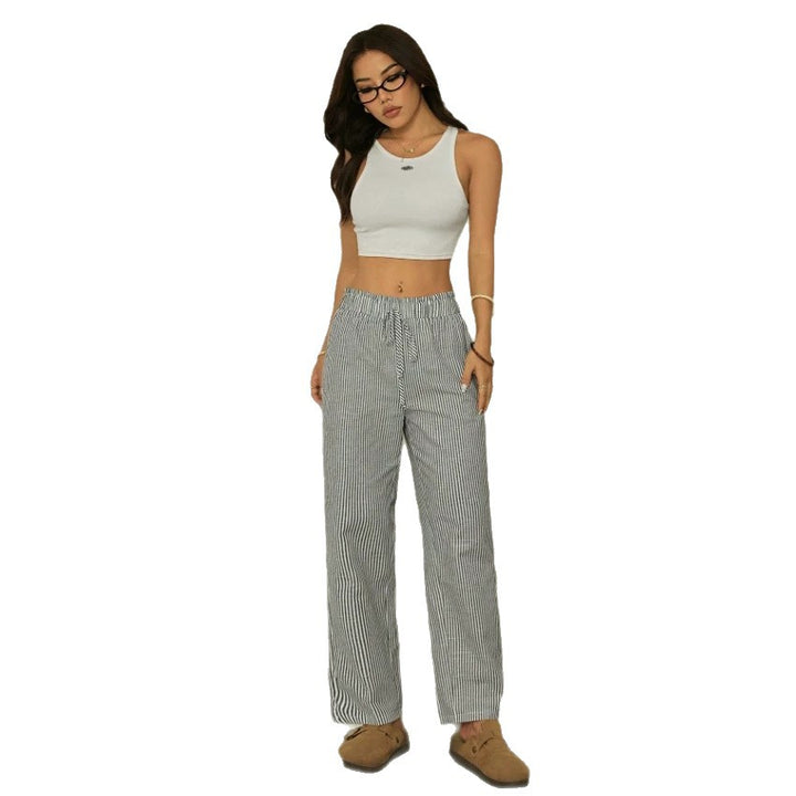 Damen Leinenoptik-Relaxhose mit High-Waist, Kordelzug und Nadelstreifen – Avélisse
