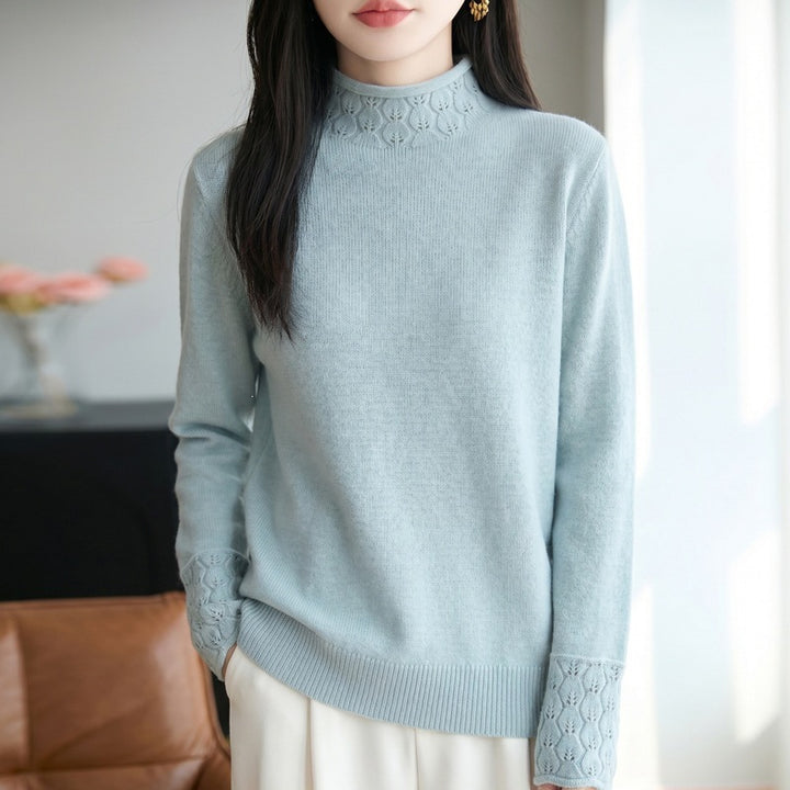 Damen Mockneck-Feinstrickpullover mit Ajour-Detail an Kragen und Bündchen Echoarchiv