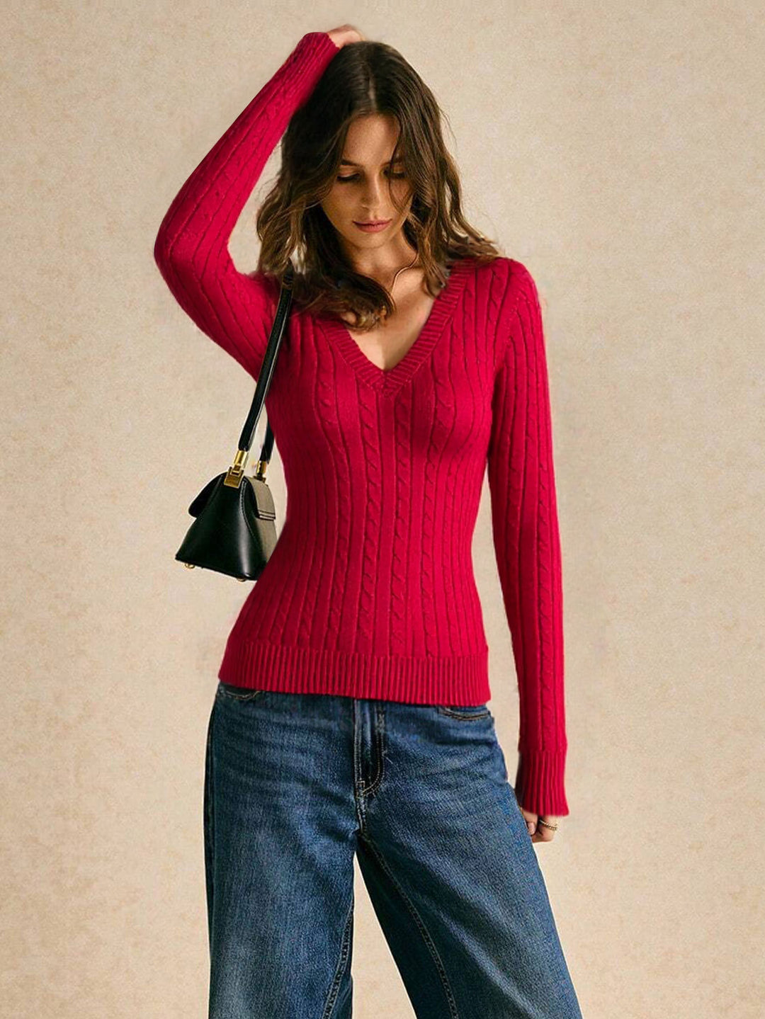 Damen figurbetonter Zopfmuster‑Pullover mit V‑Ausschnitt und taillierender Rippstruktur – Mavelle