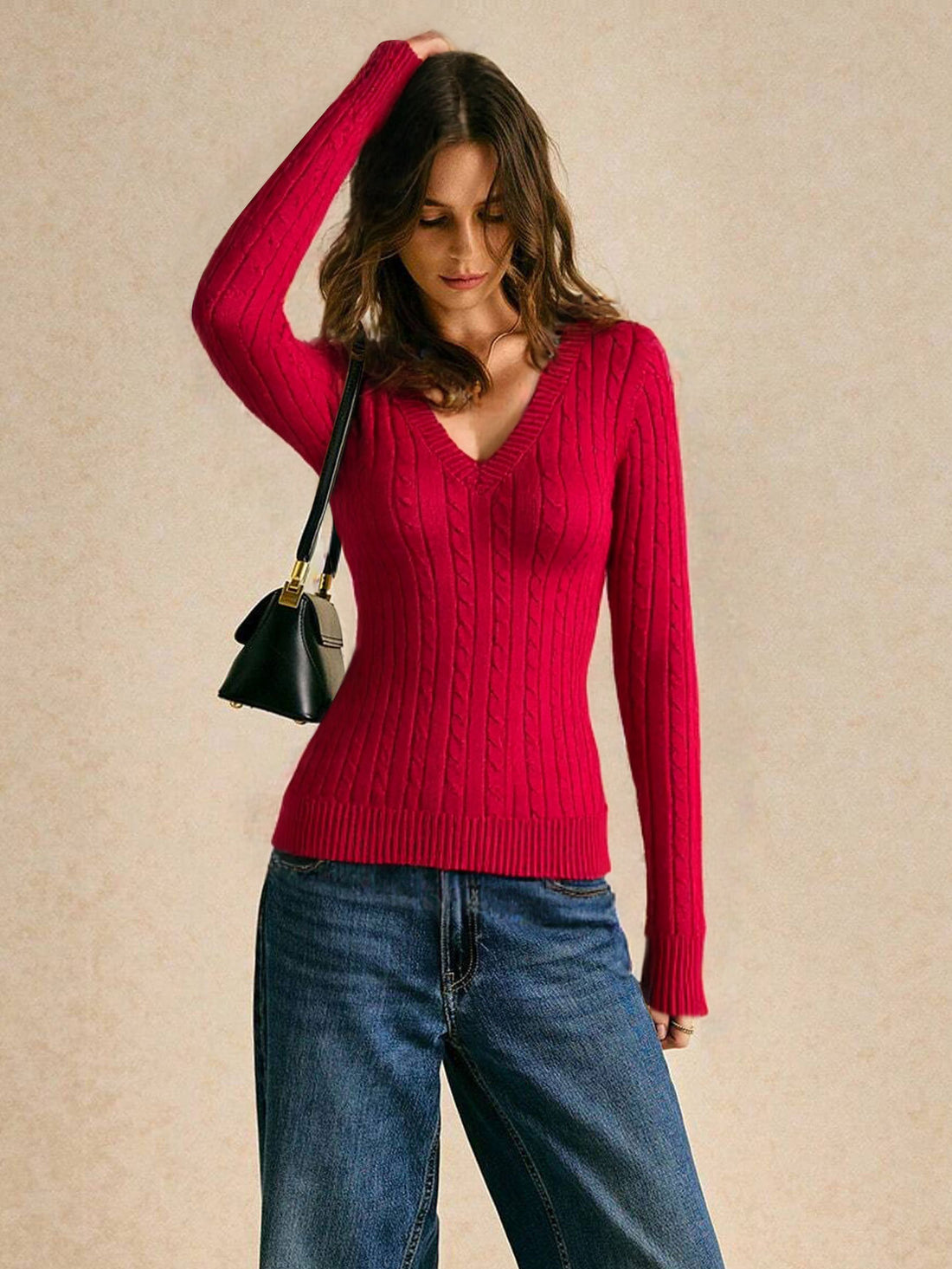 Damen figurbetonter Zopfmuster‑Pullover mit V‑Ausschnitt und taillierender Rippstruktur – Mavelle