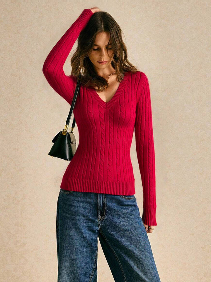 Damen figurbetonter Zopfmuster‑Pullover mit V‑Ausschnitt und taillierender Rippstruktur – Mavelle
