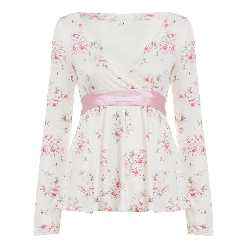 Damen nan florales Wickelshirt mit V-Ausschnitt, tailliertem Empire-Schnitt und breitem Satinband Echo Archiv