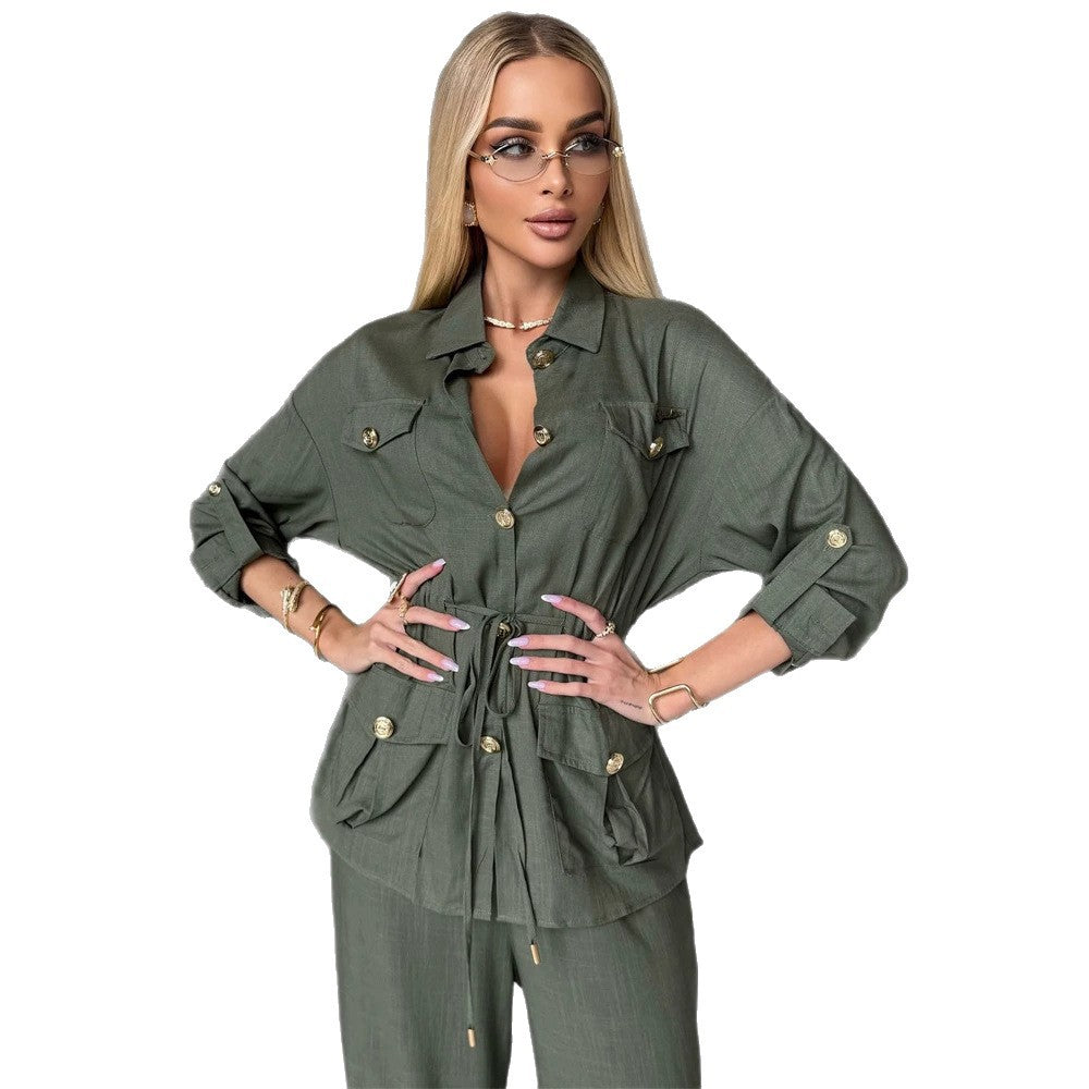 Damen Leinenoptik Utility-Hemdjacke mit Tunnelzugtaillierung und goldenen Zierknöpfen Echoarchiv