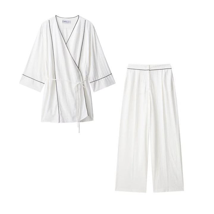 Damen Kimono-Cardigan mit Bindegürtel und Kontrastpaspel Echo Archiv