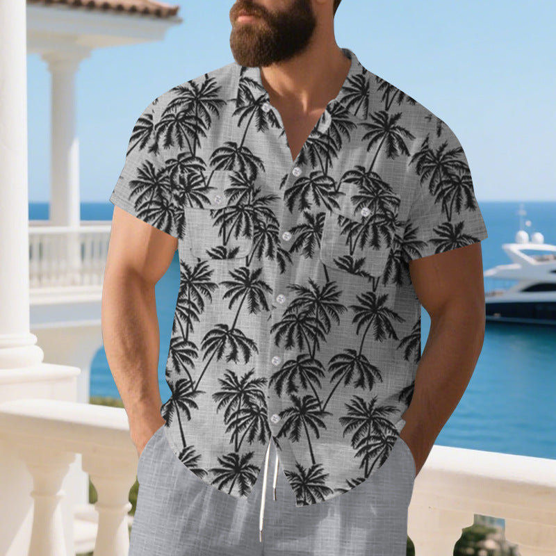 Herren lässiges Kurzarm-Hemd im tropischen Palmen-Design mit Taschen Echoarchiv