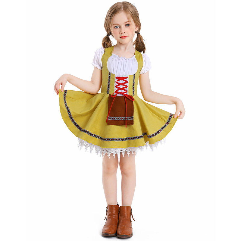 Damen nan traditionelles Kinderdirndl mit Schnürmieder, Spitzenunterrock und dekorativer Schürze Echo Archiv