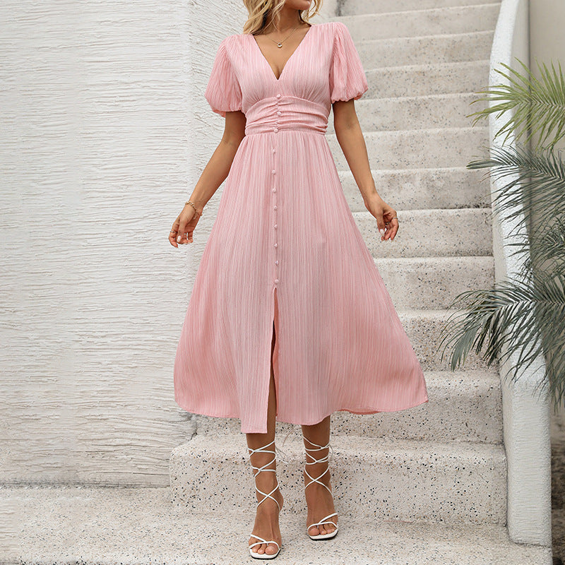 Damen Figurumschmeichelndes Midikleid mit Rippstruktur, Puffärmeln und V‑Ausschnitt Echoarchiv