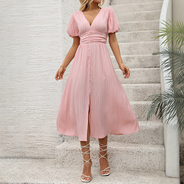 Damen Figurumschmeichelndes Midikleid mit Rippstruktur, Puffärmeln und V‑Ausschnitt Echoarchiv
