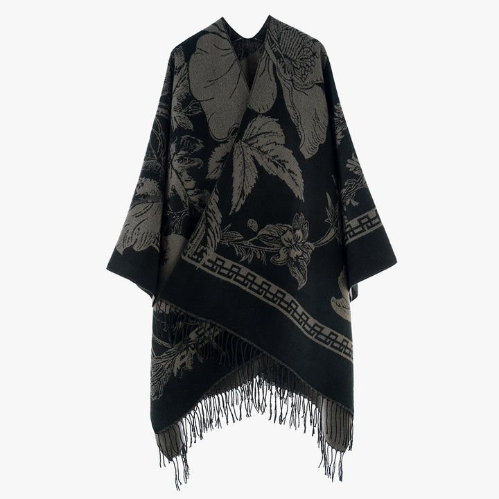 Damen Rechteckiger Jacquard-Überwurf mit floralem Allovermotiv und Fransensaum – Avérine