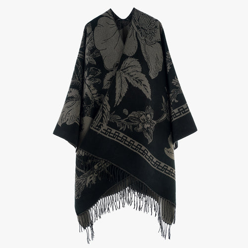 Damen Rechteckiger Jacquard-Überwurf mit floralem Allovermotiv und Fransensaum – Avérine