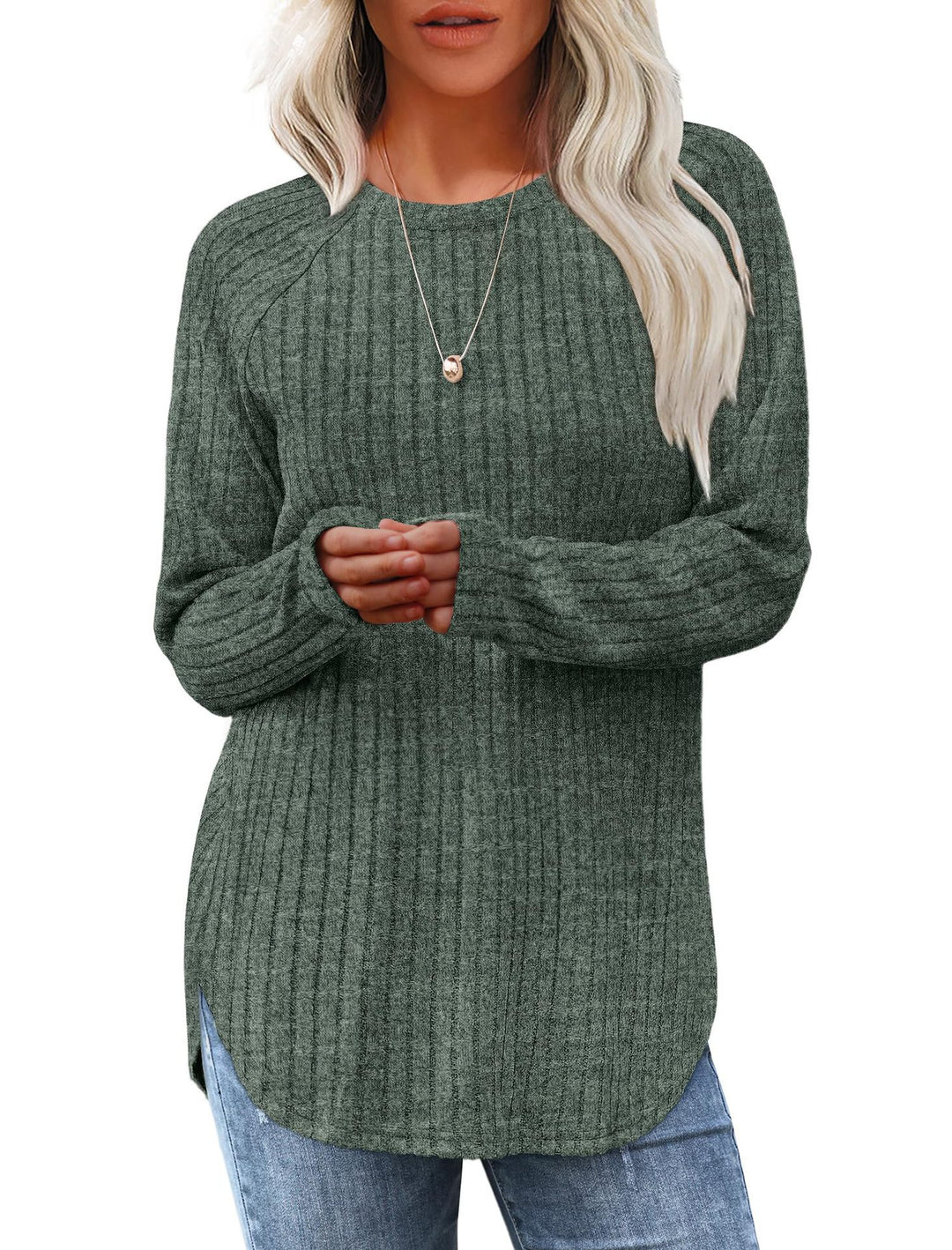 Damen gerippter Strickpullover mit Rundhalsausschnitt Oversize-Passform und Seitenschlitzen Echo Archiv