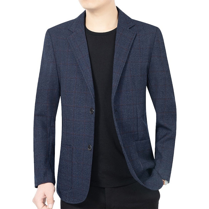 Herren Karierter halbstrukturierter Casual-Blazer aus Wollmix mit aufgesetzten Taschen – Tianoro