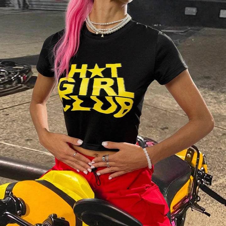 Damen Crop-T-Shirt mit auffälligem Schriftzug und figurbetontem Schnitt Echo Archiv