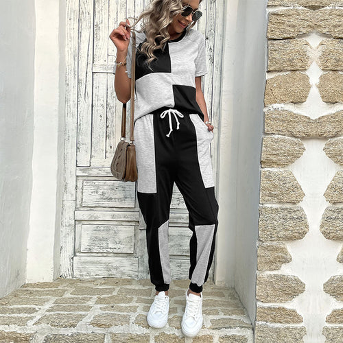 Damen Zweiteiler Freizeit-Set aus Baumwollmix mit Colorblock-Shirt und Jogginghose – Élanora