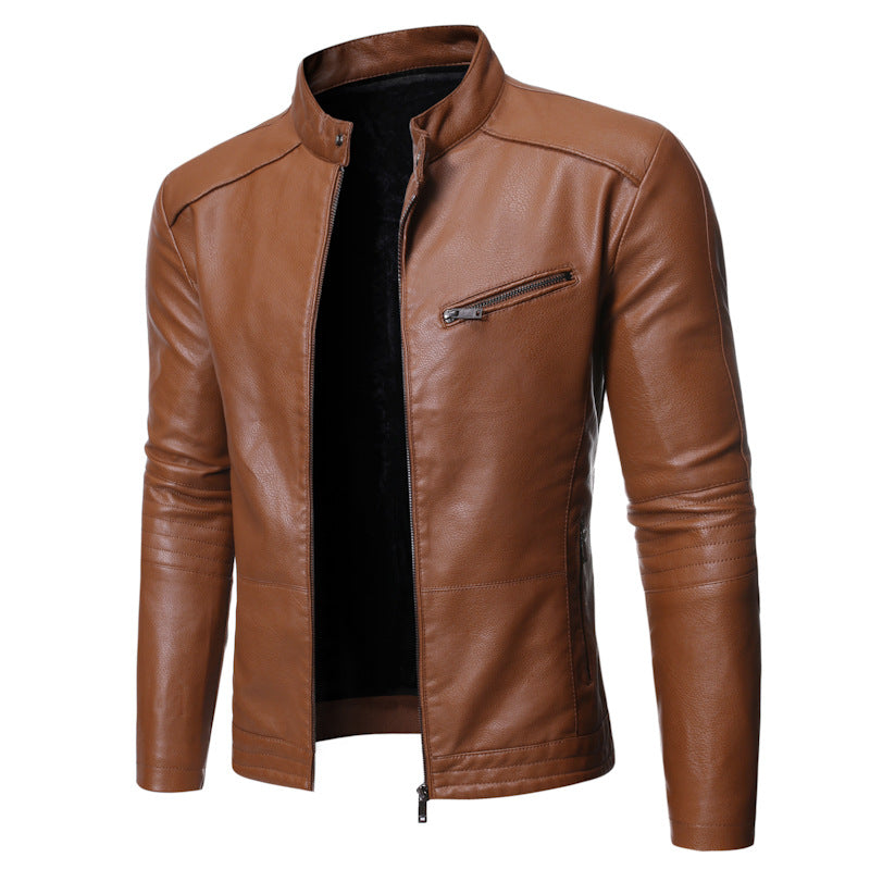 Herren eleganter Kunstlederjacke mit praktischem Stehkragen und modischen Reißverschlüssen Echoarchiv