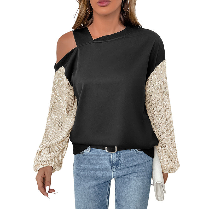 Damen Asymmetrisches Sweatshirt mit Schulterauschnitt und Paillettenstrickärmeln Echoarchiv