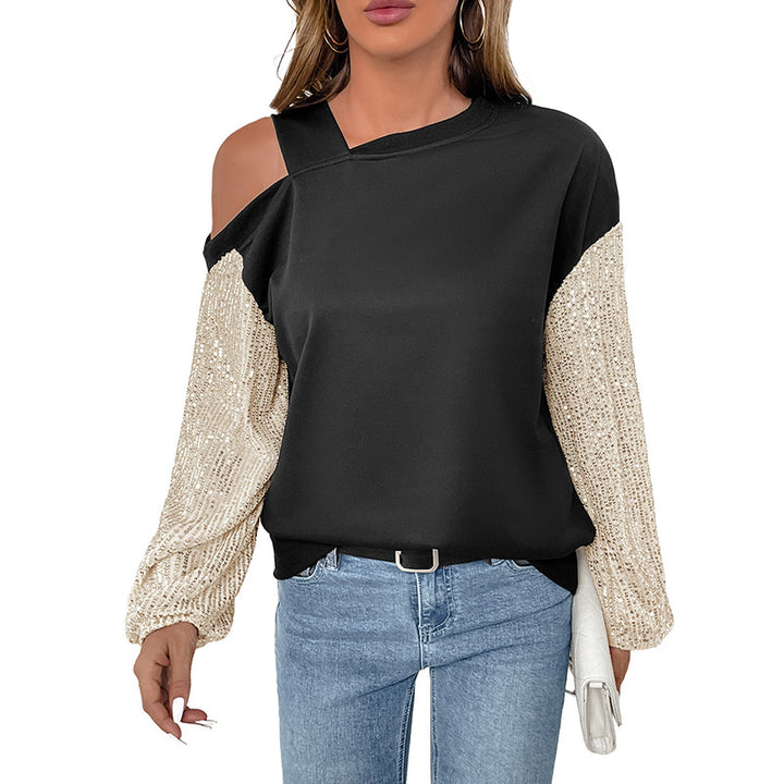 Damen Asymmetrisches Sweatshirt mit Schulterauschnitt und Paillettenstrickärmeln Echoarchiv