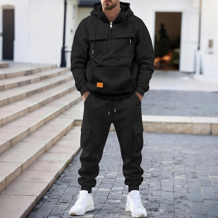 Herren technischer Oversize-Hoodie mit Halbzip, Kapuze, Kängurutasche und aufgesetzten Utility-Taschen – Cavarno
