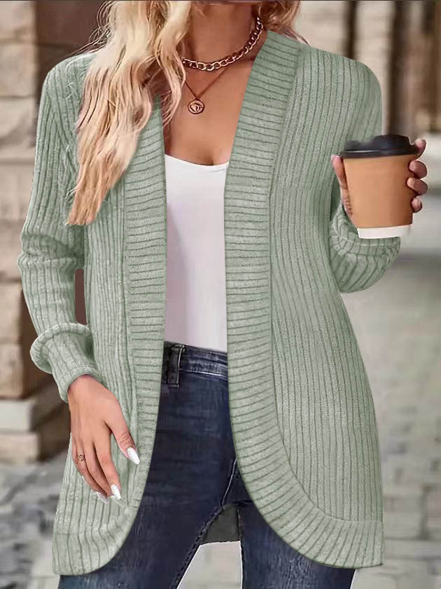 Damen Langer Offener Rippstrick-Cardigan mit abgerundetem Saum – Veloura