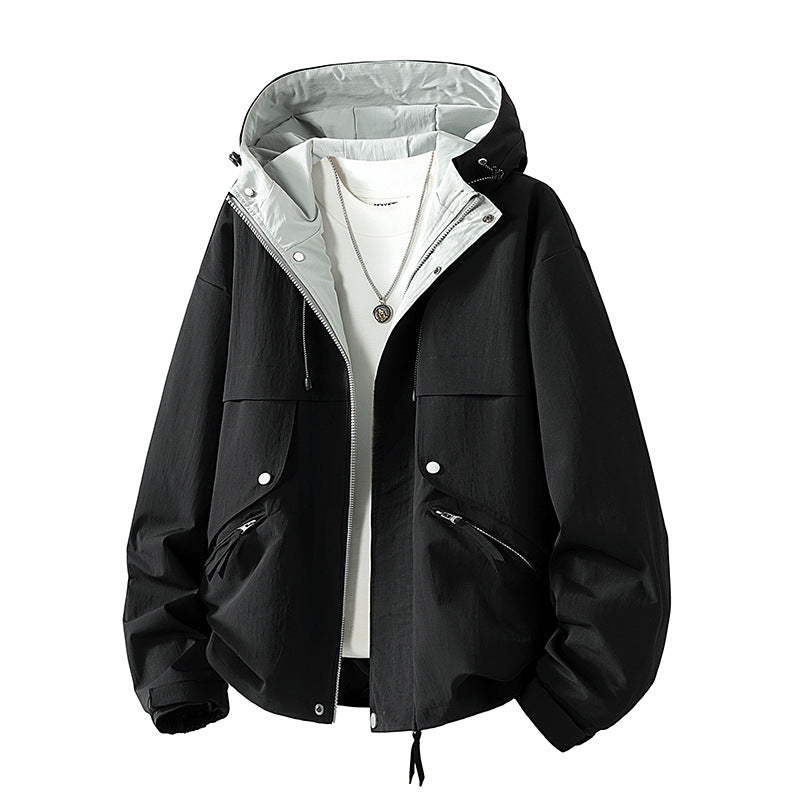 Unisex leichte winddichte Übergangsjacke mit verstellbarem Kapuze, Kordelzug und Reißverschlusstaschen – Taviero