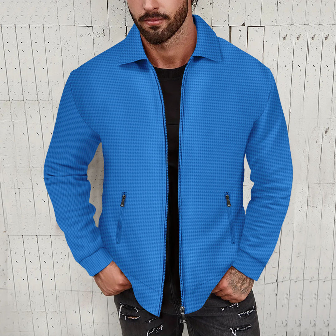 Herren minimalistische Stehkragen-Feinstrick-Übergangsjacke mit Zwei-Wege-Reißverschluss und verdeckten Reißverschlusstaschen – Taviero