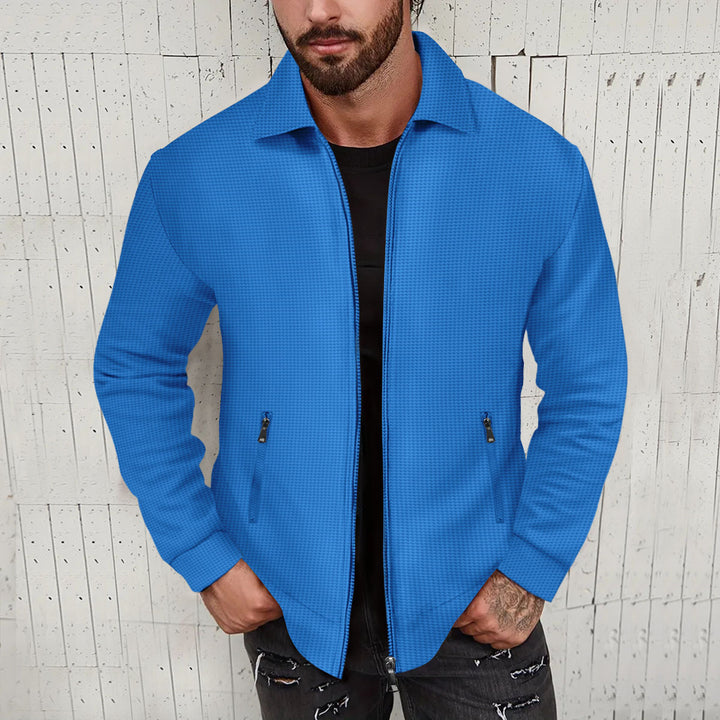 Herren minimalistische Stehkragen-Feinstrick-Übergangsjacke mit Zwei-Wege-Reißverschluss und verdeckten Reißverschlusstaschen – Taviero