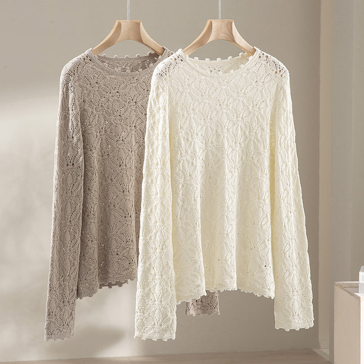 Damen Feines Häkel-Longsleeve mit floraler Lochmuster-Struktur und legerer Silhouette Echoarchiv