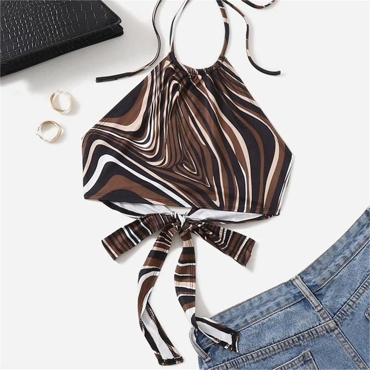 Damen trendiges Halter-Top mit elegantem Wickel-Design und grafischem Print Echo Archiv