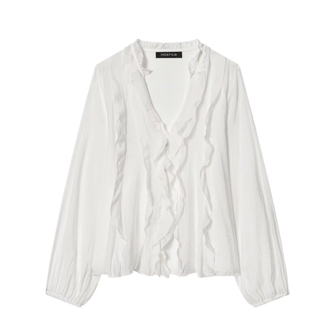 Damen Leichte Chiffon-Bluse mit Volantknopfleiste und Ballonärmeln Echo Archiv