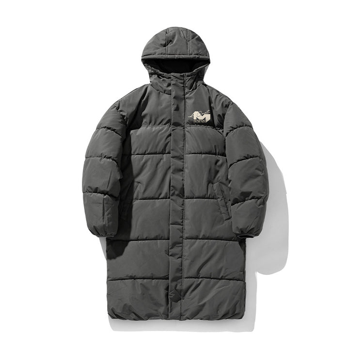 Unisex Langer Steppmantel im Minimal-Design mit Kapuze, Thermofüllung und Tunnelzugsaum Echo Archiv
