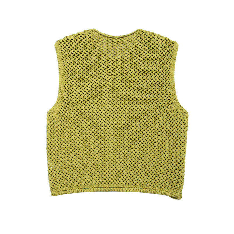 Damen gehäkelte Strickweste mit großen Zierknöpfen und Aufsatztaschen – Veloura