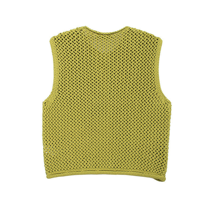 Damen gehäkelte Strickweste mit großen Zierknöpfen und Aufsatztaschen – Veloura