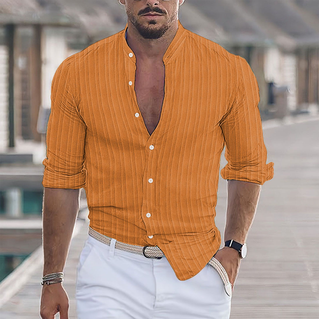 Herren Freizeit-Hemd mit strukturiertem Design und modernem Stehkragen – Arvello
