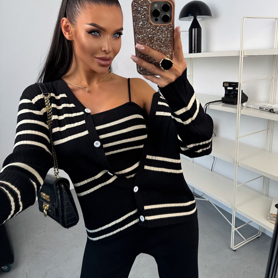 Damen Strick-Loungewear-Set aus Feinripp mit Button-Cardigan, Spaghetti-Top und weitem Jogger – Mavelle