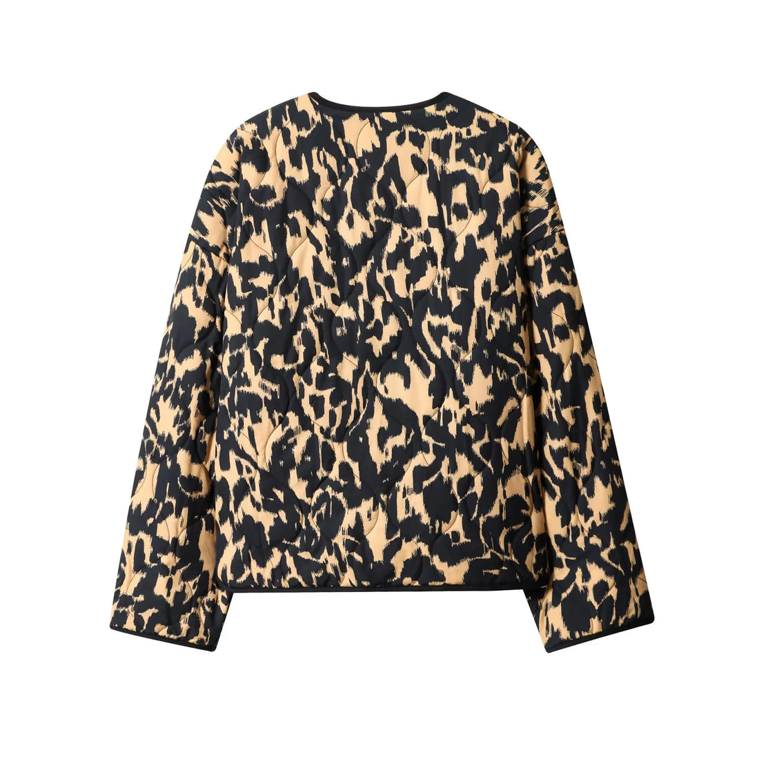 Damen gesteppte Kurzjacke mit animalischem Print, Rundhalsausschnitt und Druckknopfleiste – Célinea