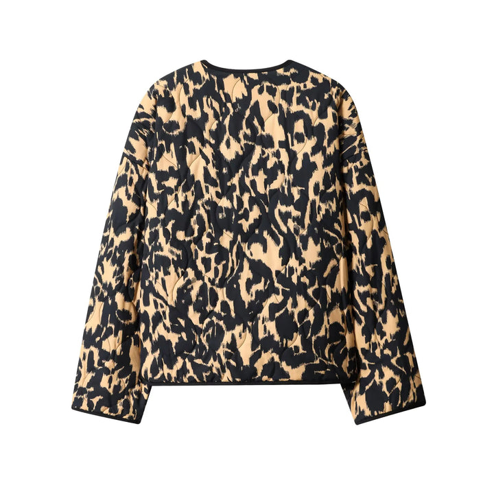 Damen gesteppte Kurzjacke mit animalischem Print, Rundhalsausschnitt und Druckknopfleiste – Célinea