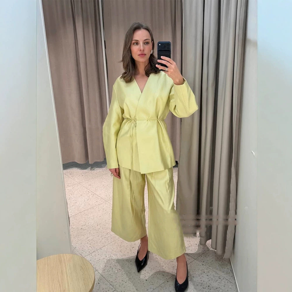 Damen Wickelblazer mit Tunnelzug und weiter Culotte‑Hose Zweiteiler Echoarchiv