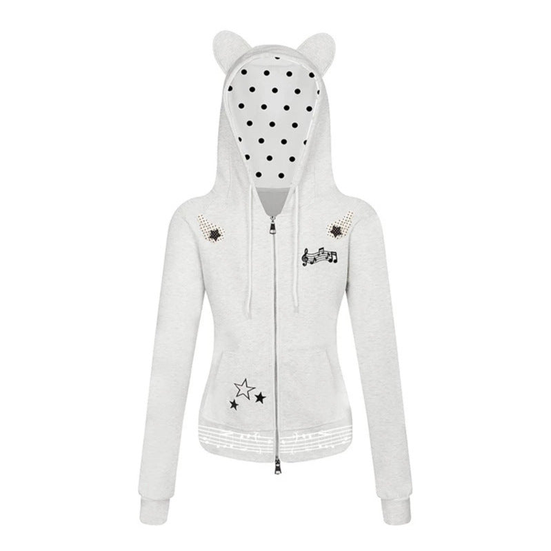 Damen Kapuzen-Sweatjacke mit Bärenohren, Reißverschluss, musikalischem Print und Polka-Lining Echoarchiv