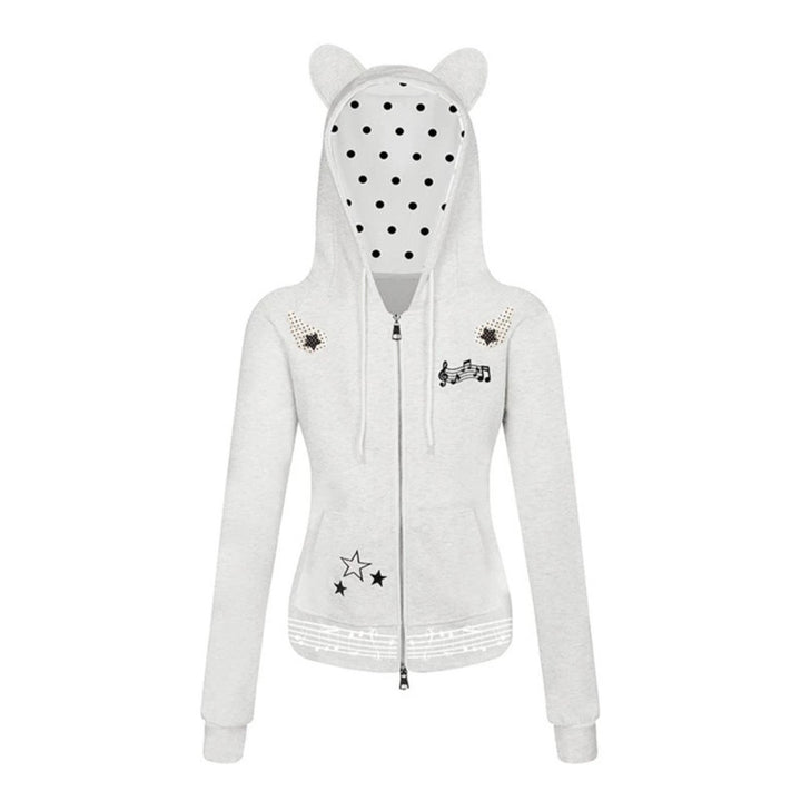 Damen Kapuzen-Sweatjacke mit Bärenohren, Reißverschluss, musikalischem Print und Polka-Lining Echoarchiv