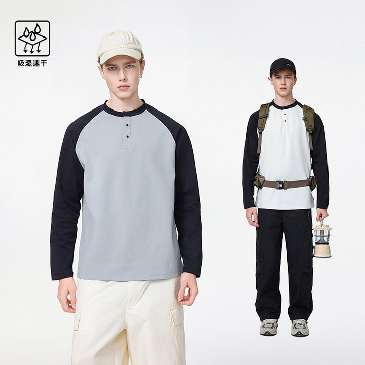 Herren Langarm-Henley-Sweatshirt mit Raglanärmeln, Relaxed-Fit und Knopfleiste Echo Archiv