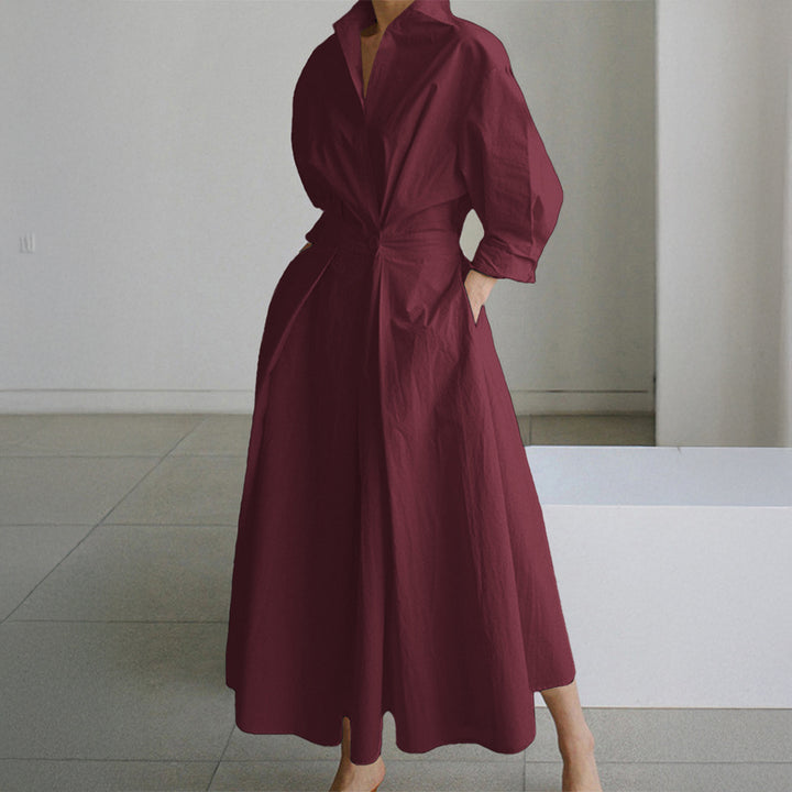 Damen tailliertes Hemdblusenkleid mit kastigem Kragen, mittellangen Ärmeln, Seitentaschen und ausgestelltem Tellerrock – Lunéa
