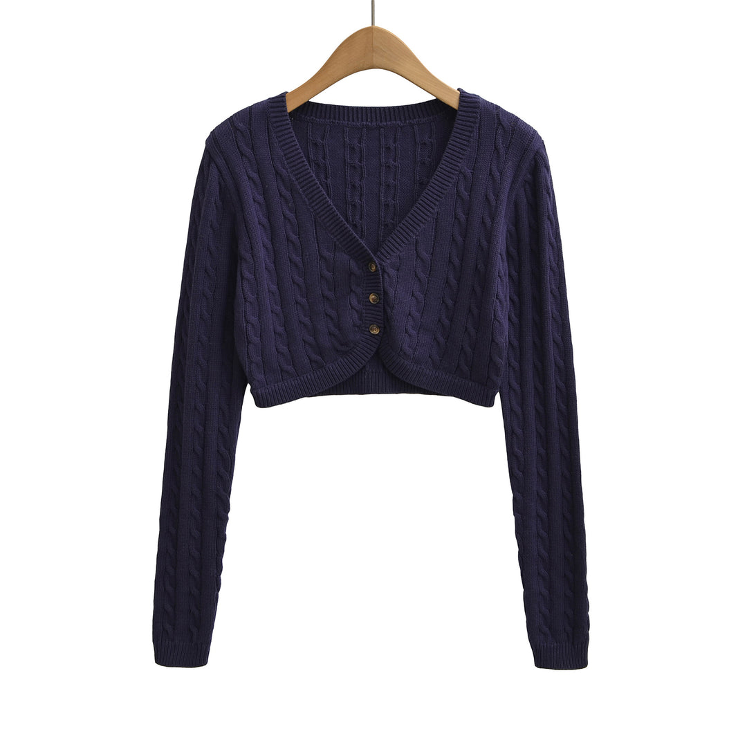 Damen Kurzgeschnittener Zopfstrick-Cardigan mit V‑Ausschnitt und Knopfleiste Echoarchiv