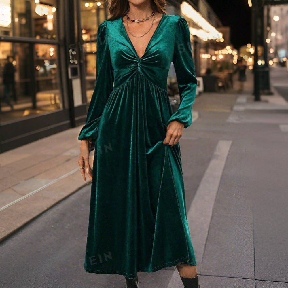 Damen Midikleid aus Samt mit gedrehtem Bustier und schwingendem Tellerrock – Élara
