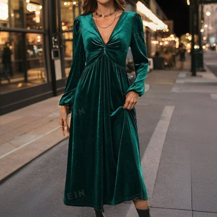Damen Midikleid aus Samt mit gedrehtem Bustier und schwingendem Tellerrock – Élara