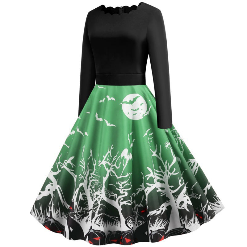 Damen Vintage Swingkleid mit gewelltem Ausschnitt, tailliertem Oberteil und Halloween-Print – Élara