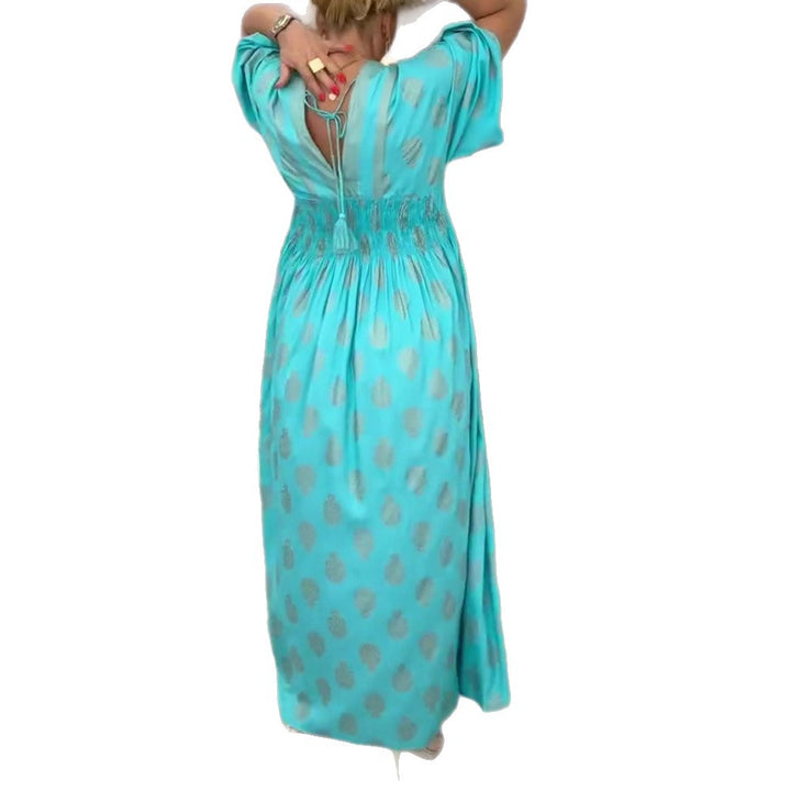 Damen nan gerafftes Maxikleid mit Smok-Taille, Kimonosärmeln und Zierquaste Echo Archiv
