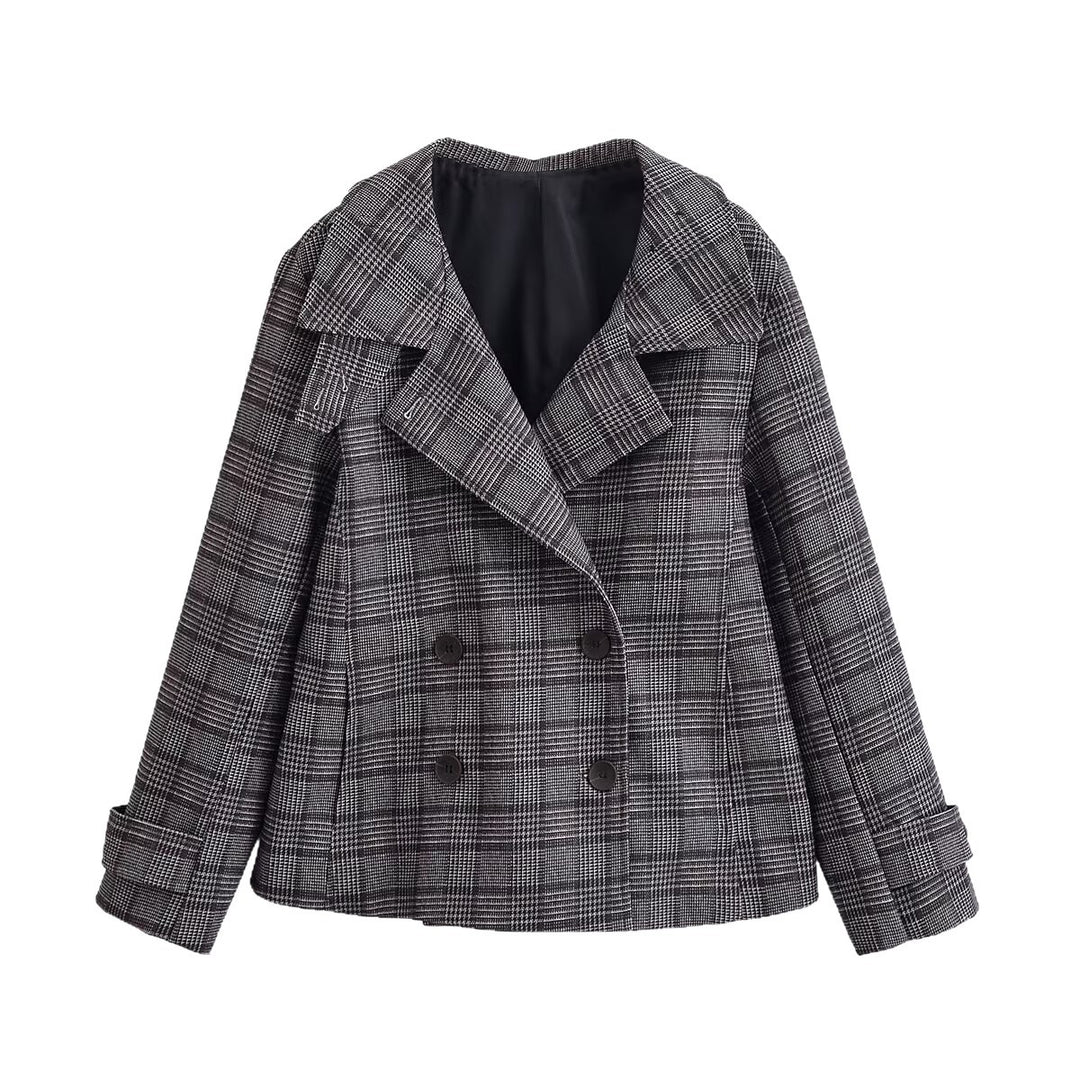 Damen Kurzer Doppelreihiger Glencheck‑Mantel mit weitem Revers Echo Archiv
