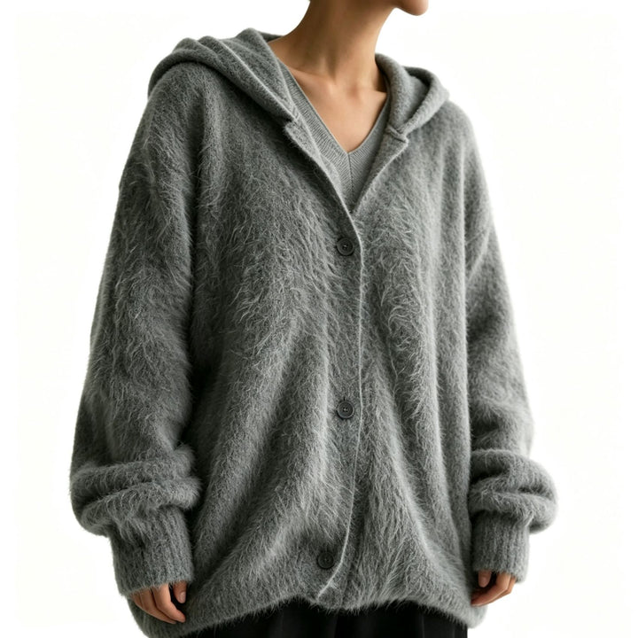 Damen Flauschiger Kapuzen-Cardigan im Mohair-Look mit Knopfleiste – Veloura