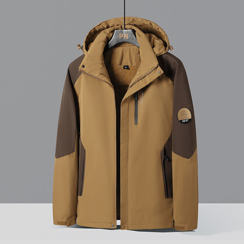 Herren zweifarbige Softshell-Outdoormantel mit winddichter Membran, verstellbarer Kapuze und verdeckter Brusttasche – Taviero