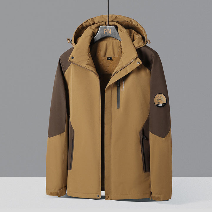 Herren zweifarbige Softshell-Outdoormantel mit winddichter Membran, verstellbarer Kapuze und verdeckter Brusttasche – Taviero
